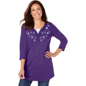 Woman Within Plus Size 7-Day Layered-Look Embroidered Henley Tunic(Radiant Purple Embroidery)