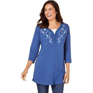 Woman Within Plus Size 7-Day Layered-Look Embroidered Henley Tunic(Royal Navy Embroidery)