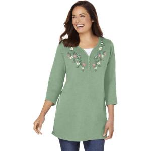 Woman Within Plus Size 7-Day Layered-Look Embroidered Henley Tunic(Sage Flower Embroidery)