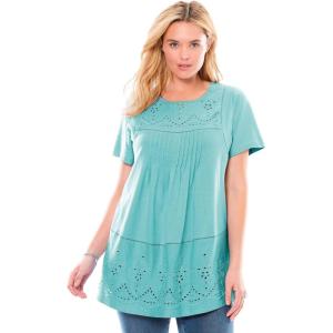 Woman Within Plus Size Embroidered Eyelet Pintucked Tunic(Azure)