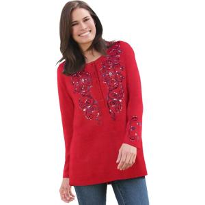 Woman Within Plus Size Embroidered Henley Tee(Classic Red Scroll)