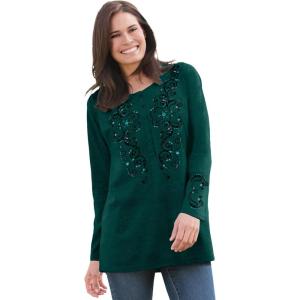 Woman Within Plus Size Embroidered Henley Tee(Emerald Green Scroll)