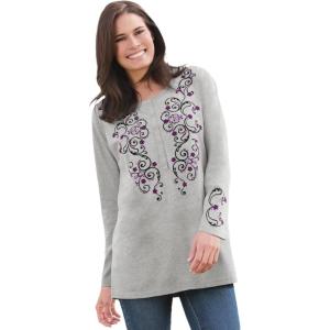 Woman Within Plus Size Embroidered Henley Tee(Heather Grey Scroll)
