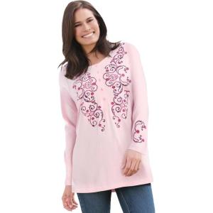 Woman Within Plus Size Embroidered Henley Tee(Pink Scroll)