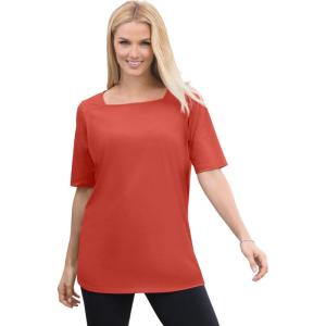 Woman Within Plus Size Perfect Elbow-Sleeve Square-Neck Tee(Burnt Red)