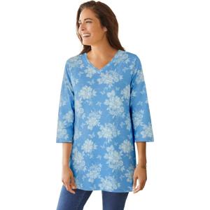 Woman Within Plus Size Perfect Printed Three-Quarter-Sleeve V-Neck Tunic(Azure Butterfly Bloom)