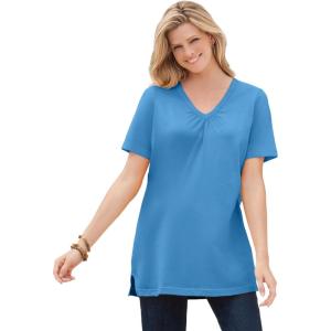 Woman Within Plus Size Perfect Short-Sleeve Shirred V-Neck Tunic(Azure Blue)