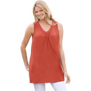 Woman Within Plus Size Perfect Sleeveless Shirred V-Neck Tunic(Burnt Red)