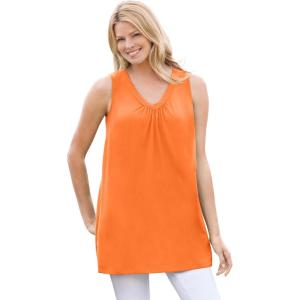 Woman Within Plus Size Perfect Sleeveless Shirred V-Neck Tunic(Orange Twist)