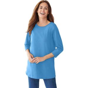 Woman Within Plus Size Perfect Three-Quarter Sleeve Crewneck Tee(Azure Blue)