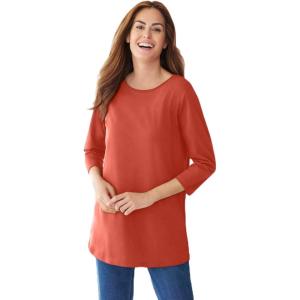Woman Within Plus Size Perfect Three-Quarter Sleeve Crewneck Tee(Burnt Red)
