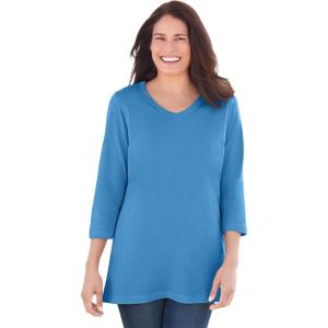 Woman Within Plus Size Perfect Three-Quarter Sleeve V-Neck Tee (Petite Available)(Azure Blue)