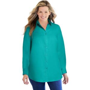 Woman Within Plus Size Petite Perfect Long Sleeve Shirt(Aquamarine)