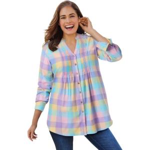 Woman Within Plus Size Pintucked Flannel Shirt(Multi Pastel Plaid)