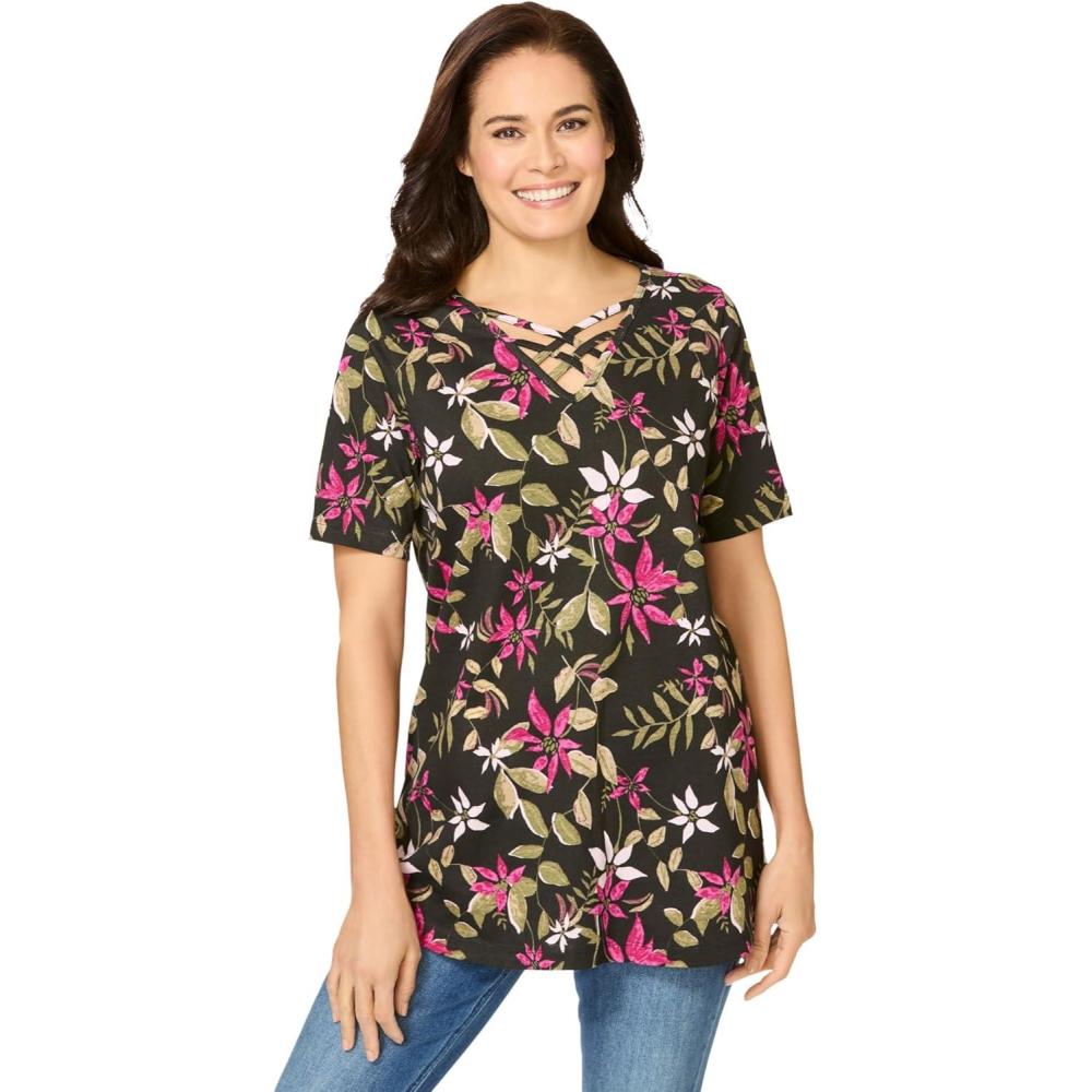 imageWoman Within Plus Size Criss Cross TeeBlack Vine Blossom