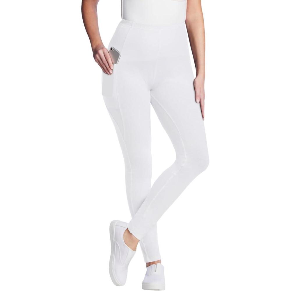 imageWoman Within Plus Size Petite StretchCotton Knit PullOn Pocket LeggingsWhite