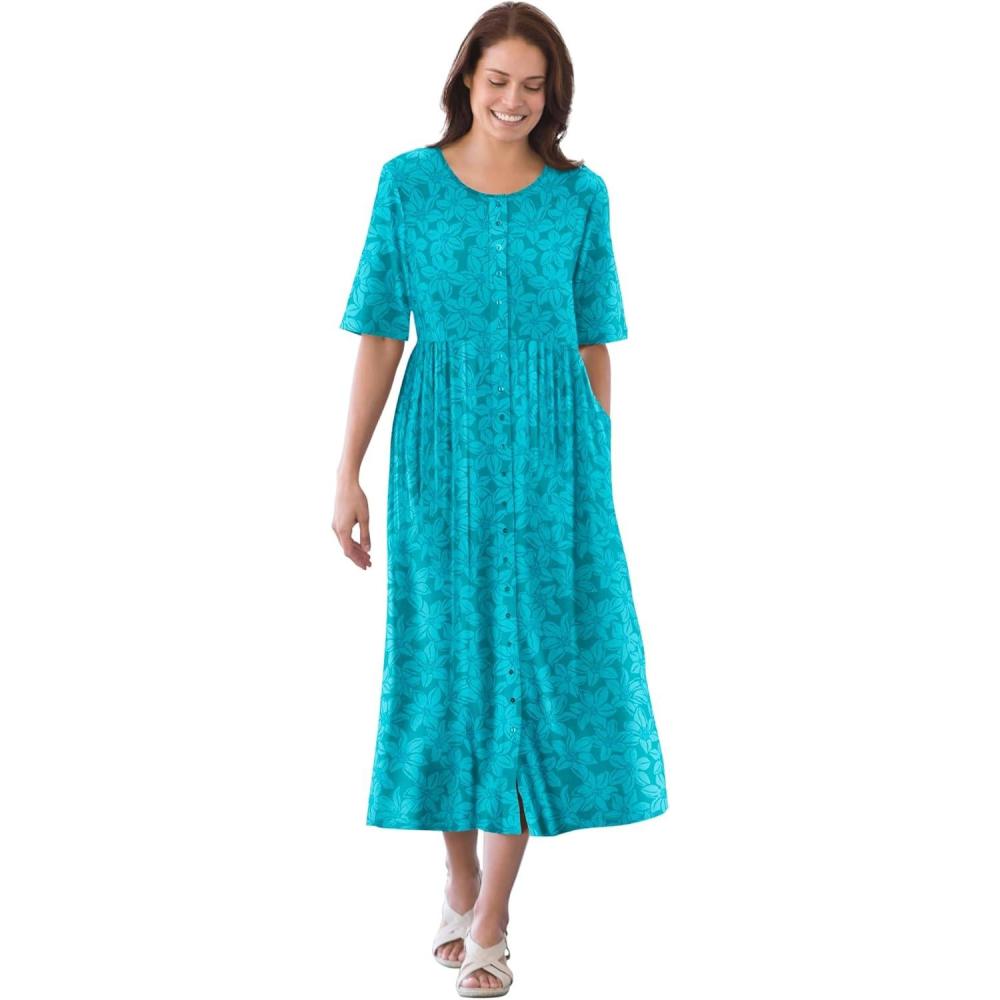 imageWoman Within Plus Size ShortSleeve ButtonFront Pocket Dress Petite Available  L Green Blossom
