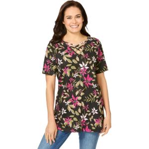 Woman Within Plus Size Criss Cross Tee(Black Vine Blossom)