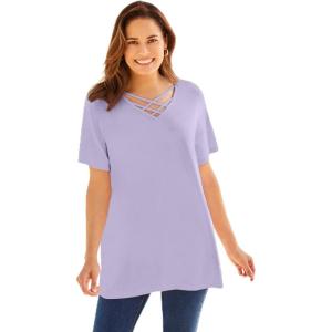 Woman Within Plus Size Criss Cross Tee(Pale Lilac)
