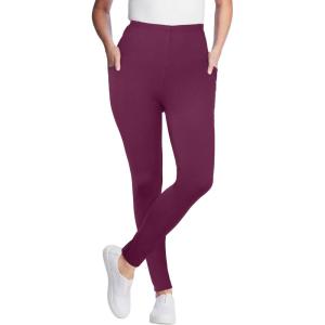 Woman Within Plus Size Petite Stretch-Cotton Knit Pull-On Pocket Leggings(Deep Claret)