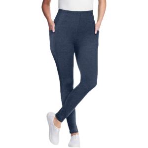 Woman Within Plus Size Petite Stretch-Cotton Knit Pull-On Pocket Leggings(Heather Navy)