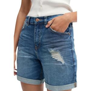 ellos Plus Size Mid-Rise Stretch Denim Boyfriend Shorts(Medium Blue Distressed)