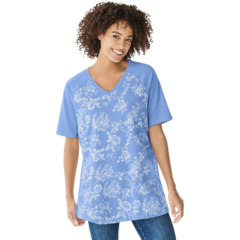 imageWoman Within Plus Size Elbow Sleeve VNeck Baseball TeeFrench Blue Rosette