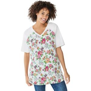 Woman Within Plus Size Elbow Sleeve V-Neck Baseball Tee(Multi Cottage Bloom)
