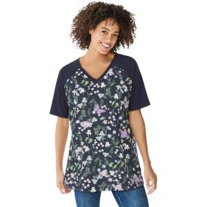 Woman Within Plus Size Elbow Sleeve V-Neck Baseball Tee(Navy Lilac Butterflies)