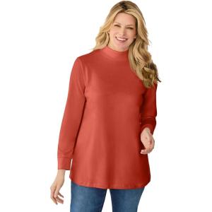 Woman Within Plus Size Perfect Long-Sleeve Mockneck Tee (Petite Available)(Burnt Red)