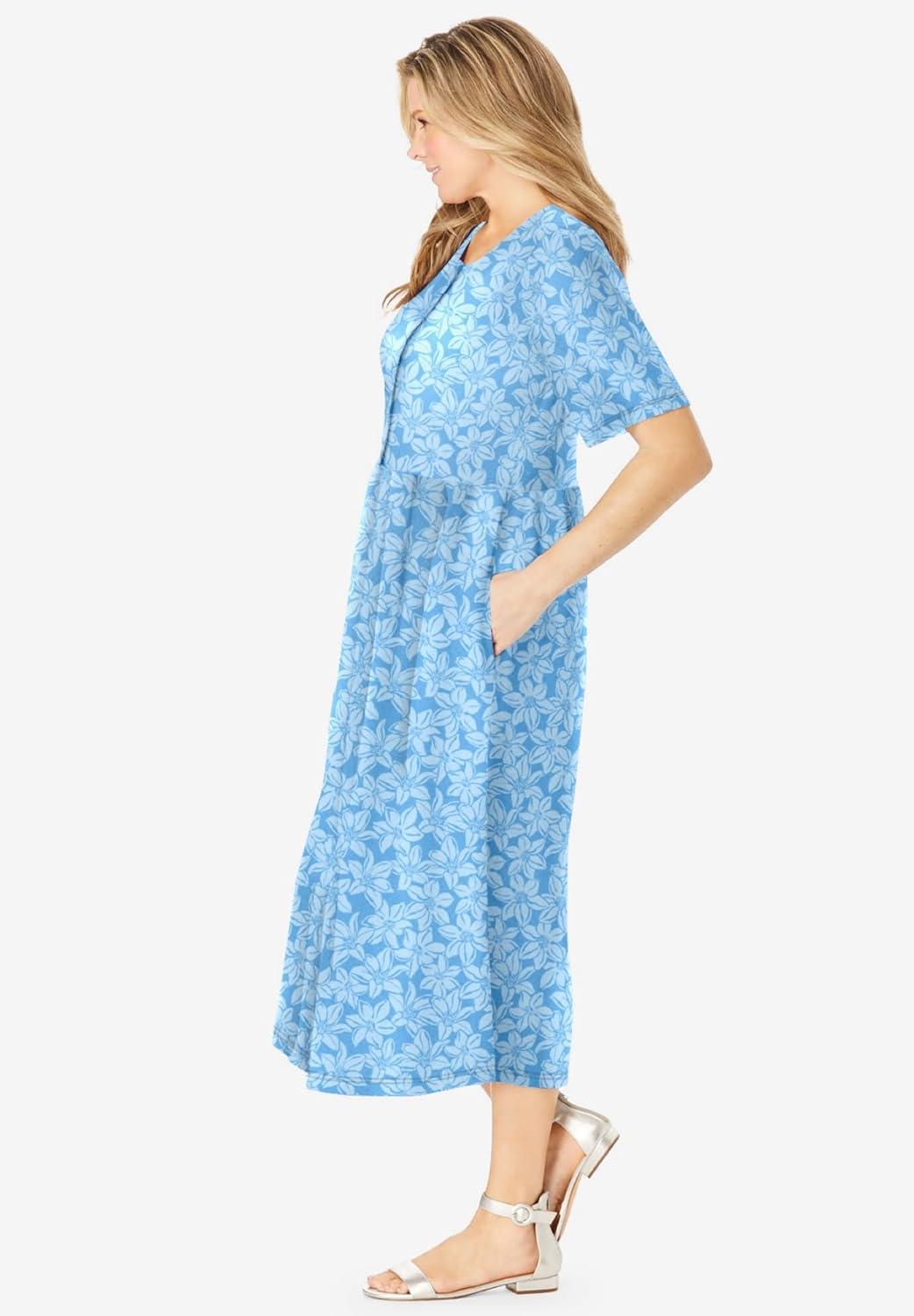 imageWoman Within Womens Plus Size ButtonFront Essential Dress  S Paradise Blue Pretty Blossom Multicolored