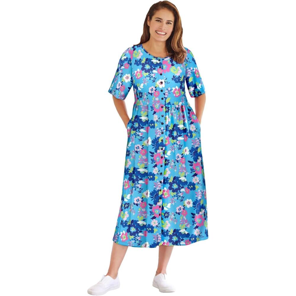imageWoman Within Plus Size ShortSleeve ButtonFront Pocket Dress Petite Available  1X Paradise Blue Multi Garden