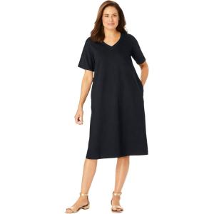 Woman Within Plus Size Perfect Short-Sleeve V-Neck Tee Dress(Black)