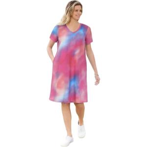 Woman Within Plus Size Perfect Short-Sleeve V-Neck Tee Dress(Peony Petal Tie Dye)