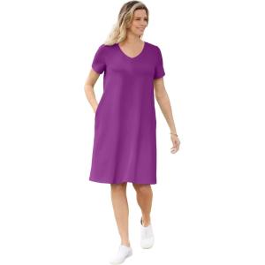 Woman Within Plus Size Perfect Short-Sleeve V-Neck Tee Dress(Purple Magenta)