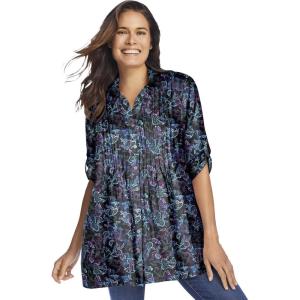 Woman Within Plus Size Rayon 7-Day Pintucked Tunic Blouse(Black Multi Batik)