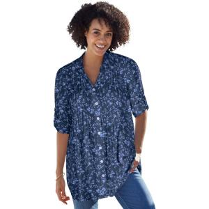 Woman Within Plus Size Rayon 7-Day Pintucked Tunic Blouse(Navy Floral)