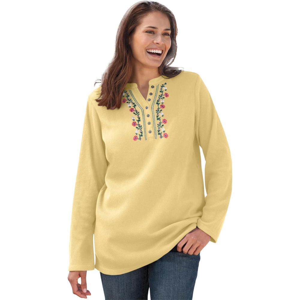 imageWoman Within Plus Size Embroidered Thermal Henley TeeBanana Vine Embroidery