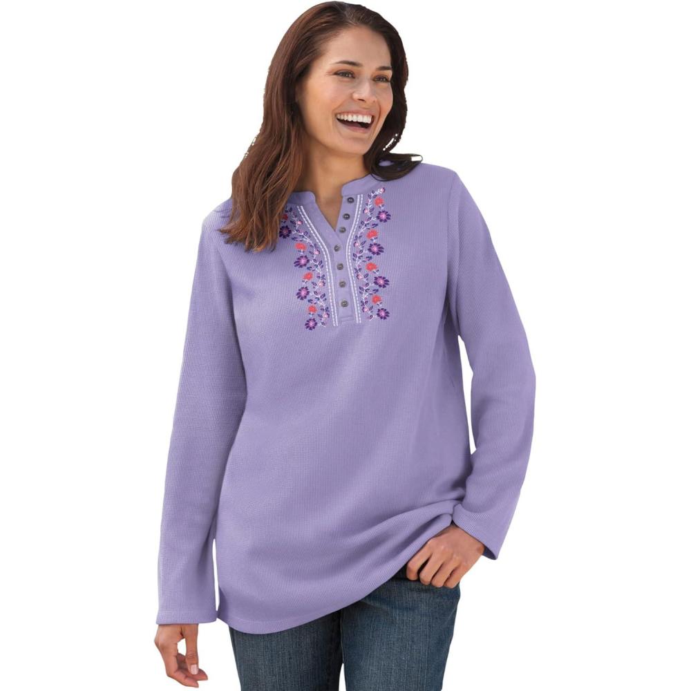 imageWoman Within Plus Size Embroidered Thermal Henley TeeSoft Iris Vine Embroidery