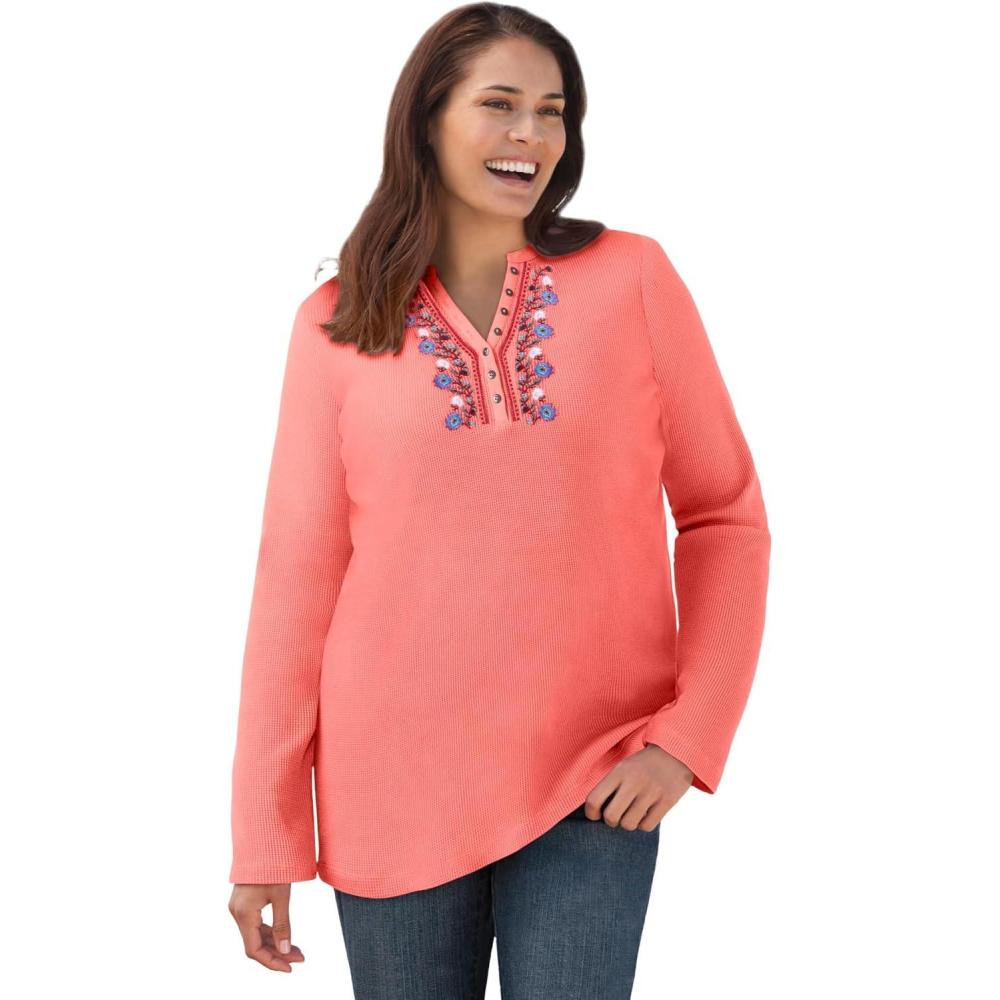 imageWoman Within Plus Size Embroidered Thermal Henley TeeSweet Coral Vine Embroidery