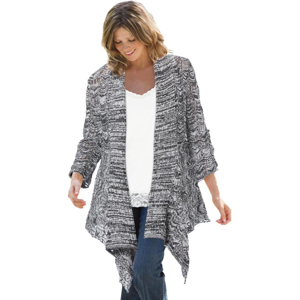 imageWoman Within Plus Size Open Front Pointelle Cardigan SweaterBlack White Marled