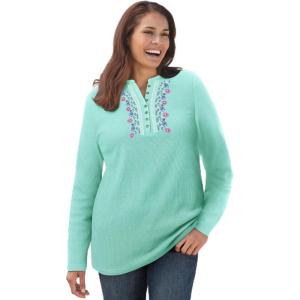 Woman Within Plus Size Embroidered Thermal Henley Tee(Pale Seafoam Vine Embroidery)