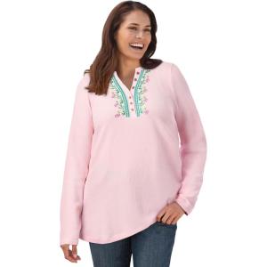 Woman Within Plus Size Embroidered Thermal Henley Tee(Pink Vine Embroidery)