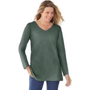 Woman Within Plus Size Perfect Long-Sleeve V-Neck Tee(Pine)