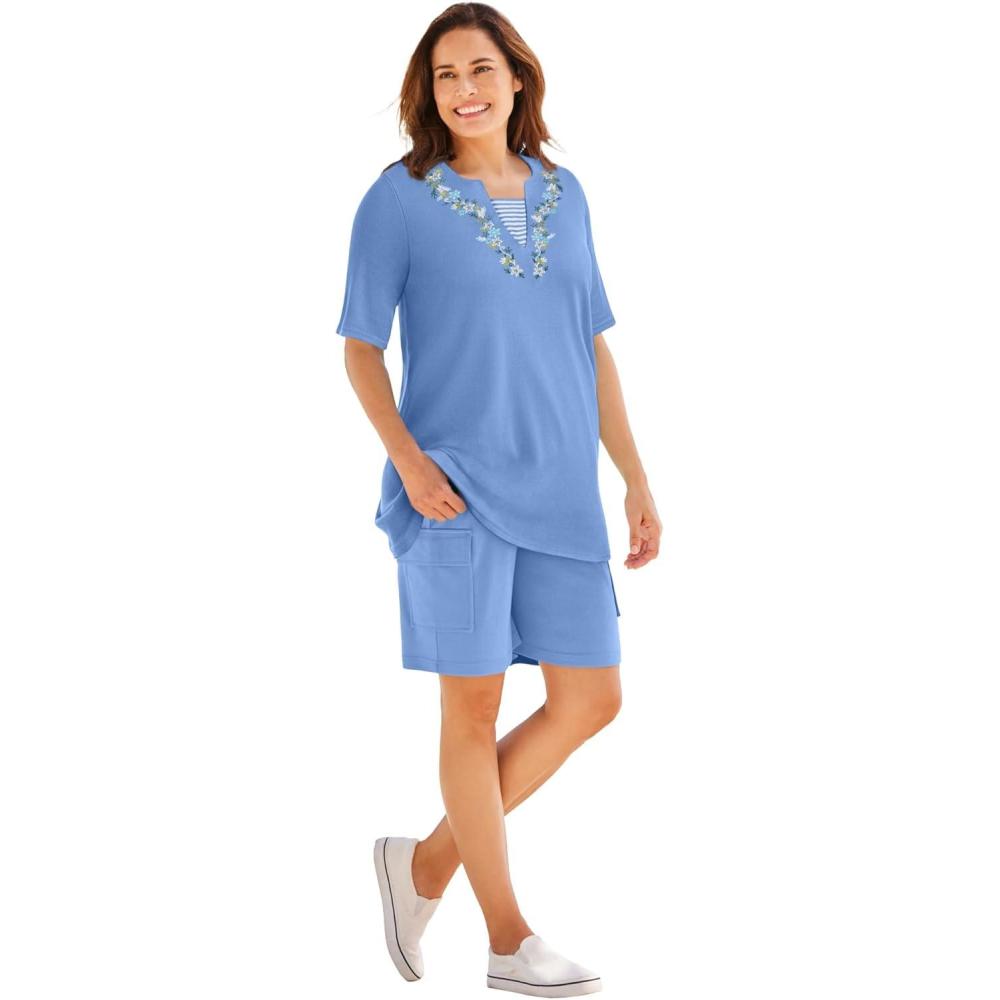 imageWoman Within Plus Size 7Day Embroidered LayeredLook TunicFrench Blue Flower Embroidery