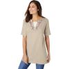 Woman Within Plus Size 7-Day Embroidered Layered-Look Tunic(Natural Khaki Flower Embroidery)