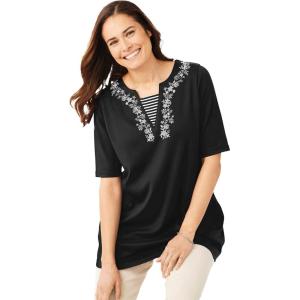 Woman Within Plus Size 7-Day Embroidered Layered-Look Tunic(Black Flower Embroidery)