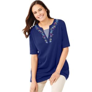 Woman Within Plus Size 7-Day Embroidered Layered-Look Tunic(Evening Blue Flower Embroidery)