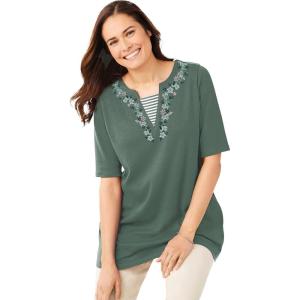 Woman Within Plus Size 7-Day Embroidered Layered-Look Tunic(Pine Flower Embroidery)
