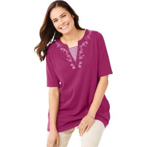 Woman Within Plus Size 7-Day Embroidered Layered-Look Tunic(Raspberry Flower Embroidery)